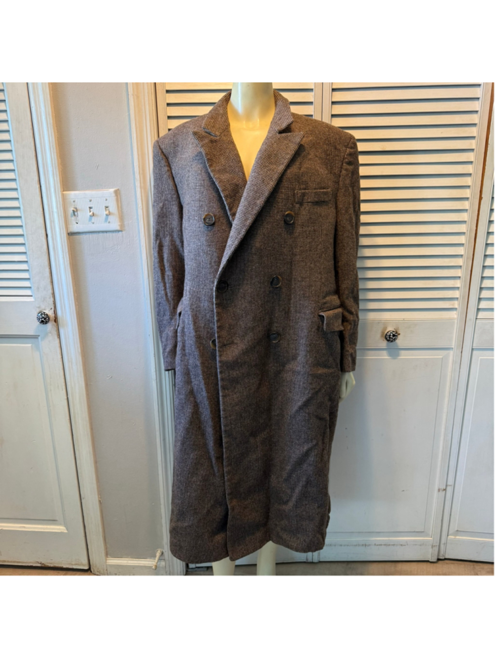 Vintage Bruce Hunt Mens Gray Houndstooth Wool Blend Overcoat USA 42 Long DB